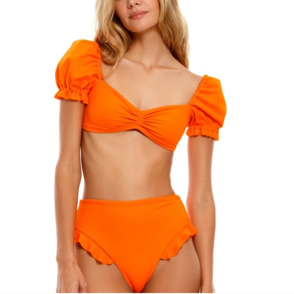 Agua Bendita Orange Puff-Sleeve Bikini Top - Picture 5 of 7